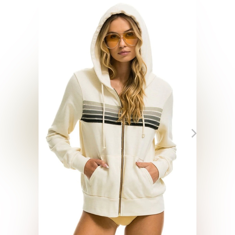 5 STRIPE HOODIE - VINTAGE WHITE GREY Medium EUC